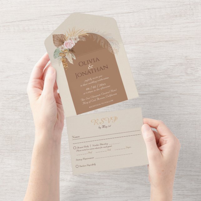 Modern Classy Boho Rustic Beige Brown Wedding All In One Invitation (Tearaway)