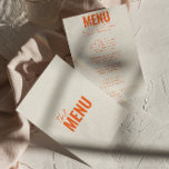 Modern Classy Bright Whimsical Fun Wedding Menu<br><div class="desc">A colourful retro funky modern bright  wedding dinner menu. Which features chic template design of boho vintage creamy background and orange typography and hand written menu in orange. Perfect and matching with the whole suite.</div>