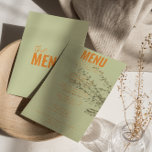 Modern Classy Bright Whimsical Unique Wedding Menu<br><div class="desc">A colourful retro funky modern bright  wedding dinner menu. Which features chic template design of boho vintage light green background and orange typography and bold menu in orange. Perfect and matching with the whole suite.</div>