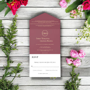 Modern Classy Burgundy Gold Monogram Chic Wedding All In One Invitation