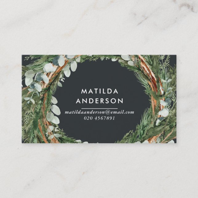 Modern classy elegant eucalyptus botanical wreath business card (Front)