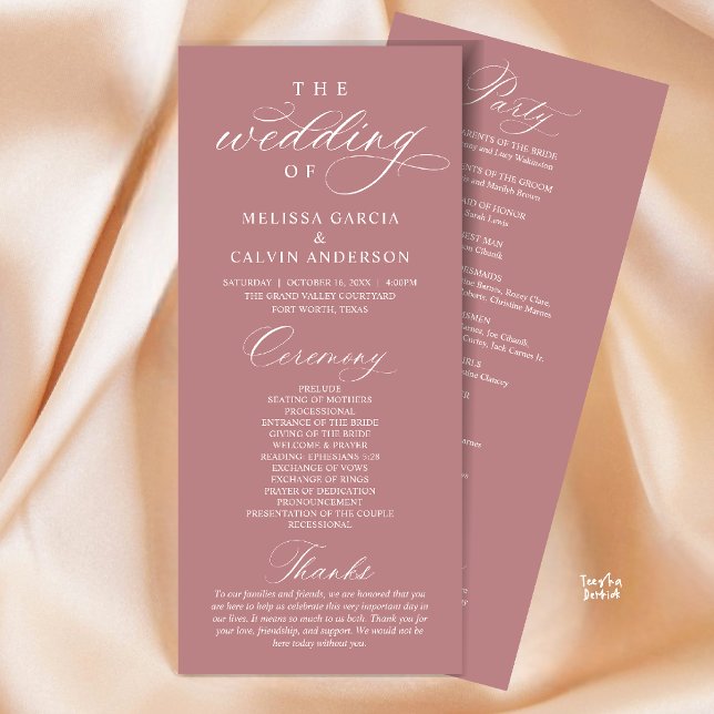 Modern Classy Elegant Wedding Ceremony Programme (Modern Classy Elegant Wedding Ceremony Program card dusty rose pink)