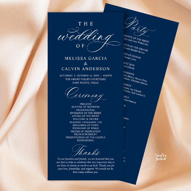 Modern Classy Elegant Wedding Ceremony Programme (Modern Classy Elegant Wedding Ceremony Program card navy blue)