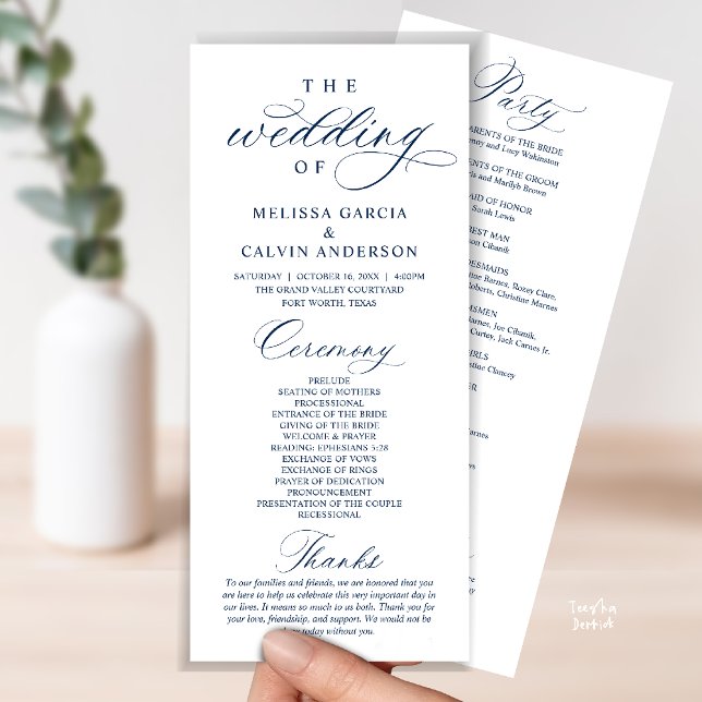 Modern Classy Elegant Wedding Ceremony Programme (Modern Classy Elegant Wedding Ceremony Program card navy blue)