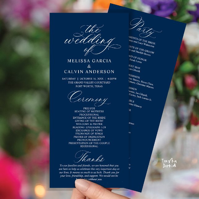 Modern Classy Elegant Wedding Ceremony Programme (Modern Classy Elegant Romantic Wedding Ceremony Program Card in Navy Blue)