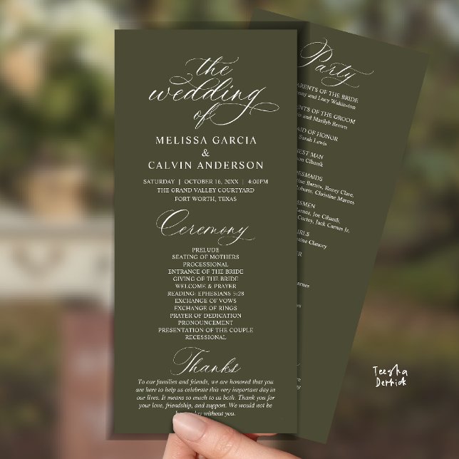 Modern Classy Elegant Wedding Ceremony Programme (Modern Classy Elegant Romantic Wedding Ceremony Program Card in Olive Green)