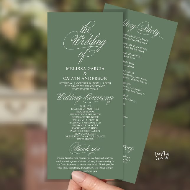 Modern Classy Elegant Wedding Ceremony Programme (Modern Classy Elegant Wedding Ceremony Program Card in Sage Green)