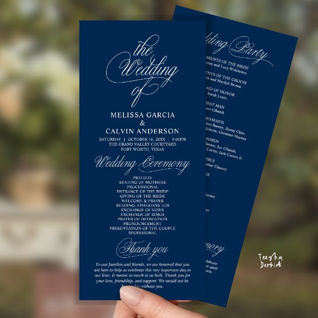 Modern Classy Elegant Wedding Ceremony Programme (Modern Classy Elegant Wedding Ceremony Program Card in Navy Blue)