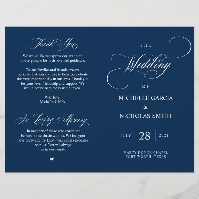 Modern Classy Navy Blue, Foldable Wedding Program (Front)