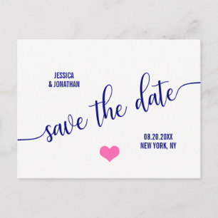 Modern Classy Navy Blue Pink Wedding SAVE THE DATE Announcement Postcard