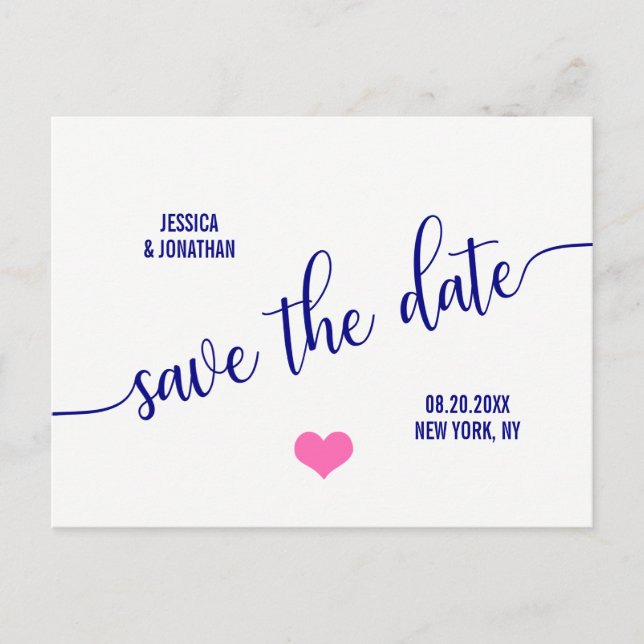 Modern Classy Navy Blue Pink Wedding SAVE THE DATE Announcement Postcard (Front)