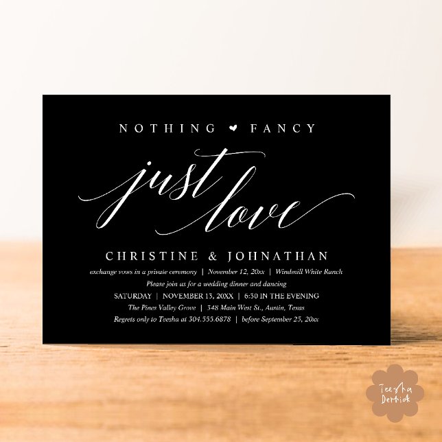 Modern Classy Nothing Fancy, Just Love, Reception Invitation (Modern Classy Nothing Fancy, Just Love, Wedding Reception Dinner Invitation Card in Black White)