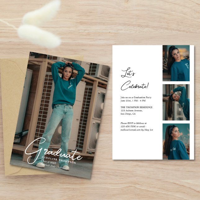 Modern Classy Photo Strip Script Graduation Party Invitation (Creator Uploaded)