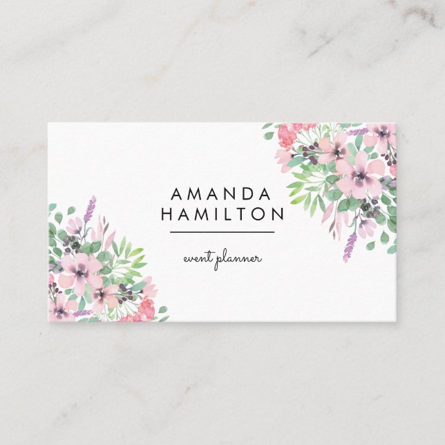 Modern Classy PINK Watercolor Bouquet and leaves Business Card (Front)