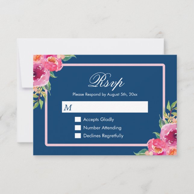 Modern Classy Purple Pink Floral Navy Blue RSVP Card (Front)