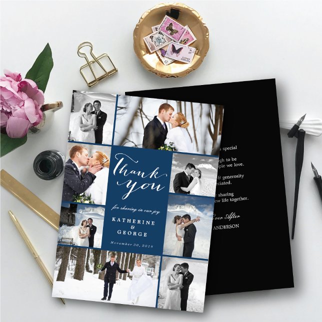 Modern Classy Script 8 Multi Photo Stylish Wedding Thank You Card (Modern Classy Script 8 Multi Photo Collage Stylish Wedding Thank You Card @ fatfatin_blue_knot)