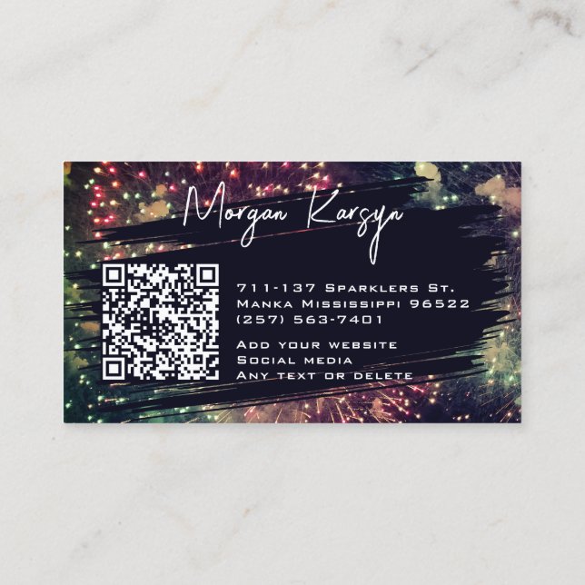 Modern Classy Typography Custom QR Code Fireworks  Business Card (Back)