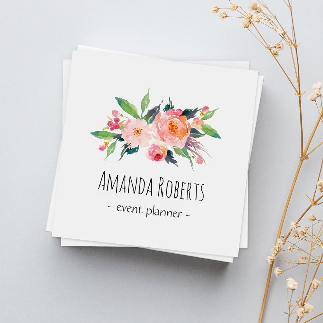 Modern Classy Watercolor Floral Personalised Square Business Card (Creator Uploaded)