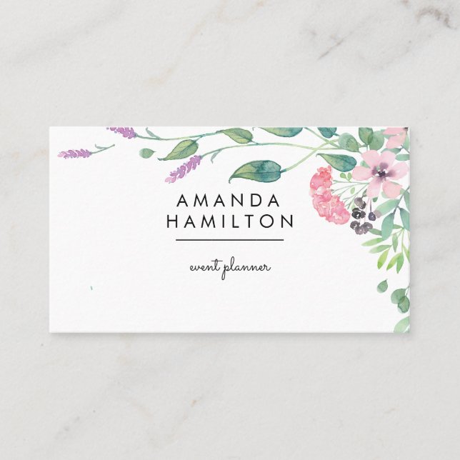 Modern Classy  Watercolor frame Bouquet and leaves Business Card (Front)