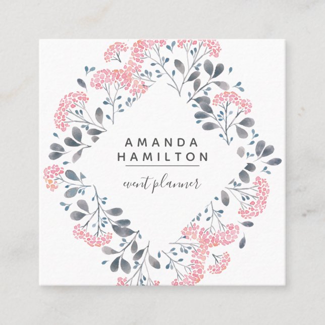 Modern Classy  Watercolor frame Bouquet pink Square Business Card (Front)