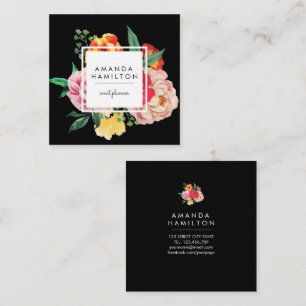 Modern Classy Watercolor Peony Floral BLACK Square Business Card