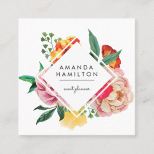 Modern Classy Watercolor Peony Floral diamond Square Business Card