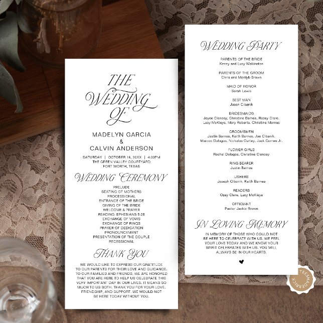 Modern Classy Wedding Ceremony Order Programme (Modern Classy Wedding Ceremony Order Program in Black and White)