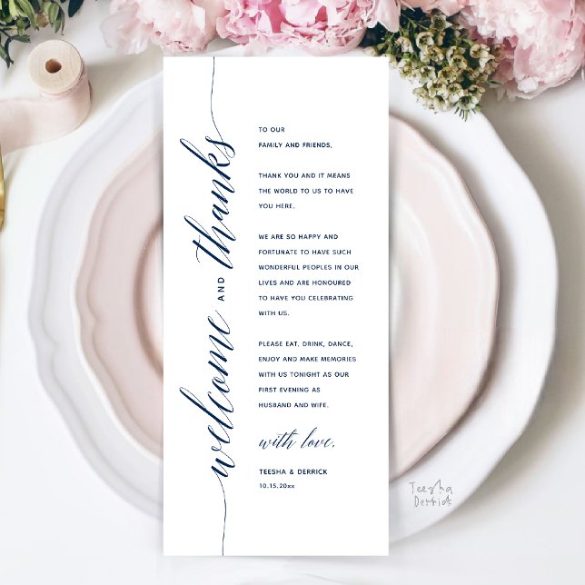 Modern Classy Wedding Dinner Thank You Card (Modern Classy Wedding Reception Dinner Thank You Card, Bridal Shower in Navy Blue)