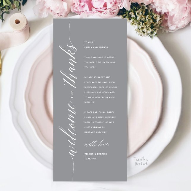 Modern Classy Wedding Dinner Thank You Card (Modern Classy Wedding Reception Dinner Thank You Card, Bridal Shower in Dark Grey)