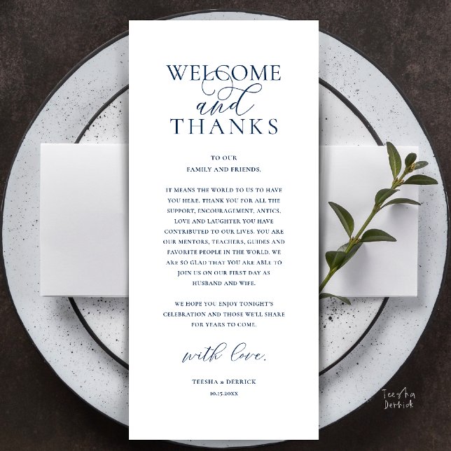 Modern Classy Wedding Reception Thank You Card (Modern Classy Wedding Reception Dinner Lunch Brunch Thank You Card in Navy Blue)