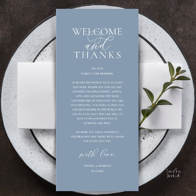 Modern Classy Wedding Reception Thank You Card (Modern Classy Wedding Reception Dinner Lunch Brunch Thank You Card in Dusty Blue)