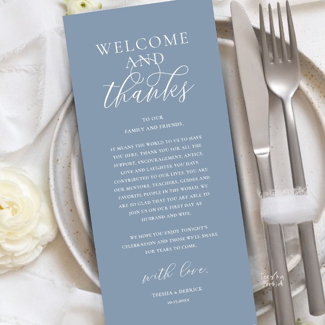 Modern Classy Wedding Reception Thank You Card (Modern Classy Wedding Reception Dinner Brunch Lunch Thank You Card in Dusty Blue)