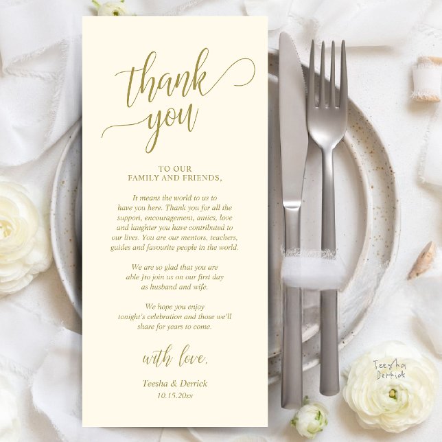 Modern Classy Wedding Reception Thank You Card (Modern Classy Wedding Dinner Thank You Card Reception brunch lunch in yellow gold)