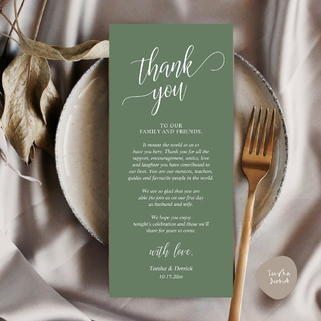 Modern Classy Wedding Reception Thank You Card (Modern Classy Wedding Dinner Thank You Card Reception brunch lunch in Sage Green)