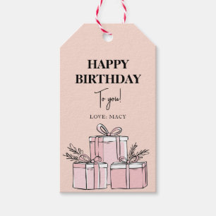 Modern Clean Beige Wrapped Gift Box Happy Birthday Tags