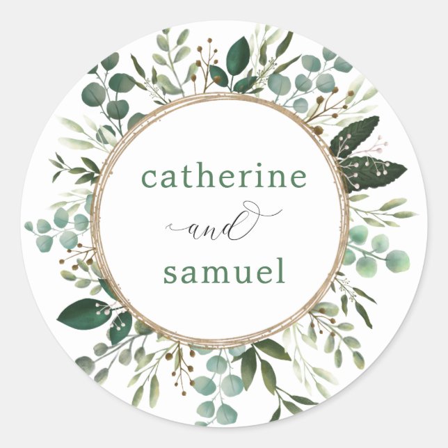 Modern + Clean Botanical Greenery Garden Wedding Classic Round Sticker (Front)