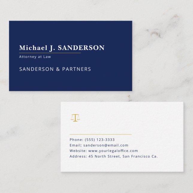 Modern clean navy blue attorney at law name business card (Front/Back)