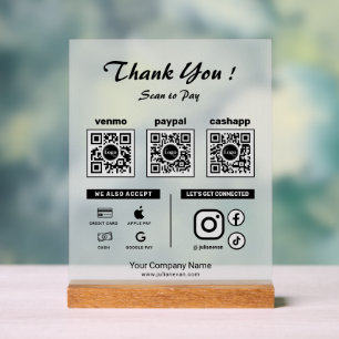 Modern Clean Scan to pay 3 QR Codes Thank you  Acrylic Sign