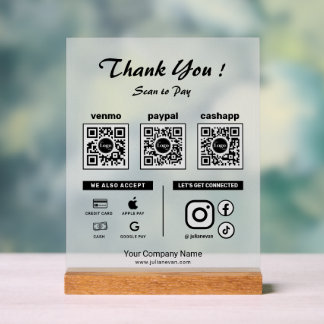 Modern Clean Scan to pay 3 QR Codes Thank you  Acrylic Sign