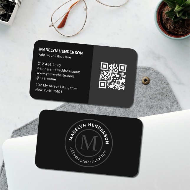 Modern Clean Simple 2 Black Stamp Monogram QR Code Business Card (Creator Uploaded)