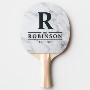 Modern Clean White Marble Family Name & Initial Ping Pong Paddle