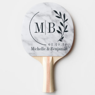 Modern Clean White Marble Leaf Wedding Monogram Ping Pong Paddle