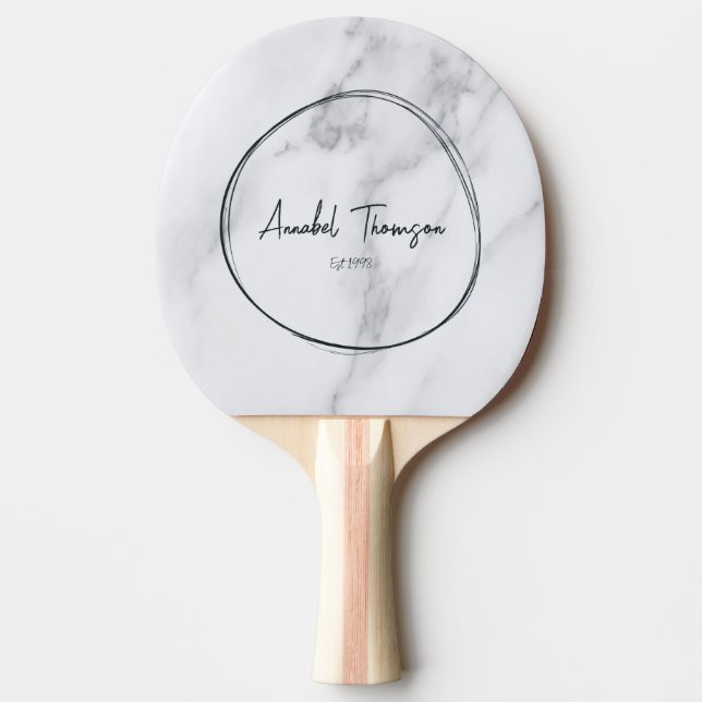 Modern Clean White Marble Name in Drawn Circle  Ping Pong Paddle (Front)