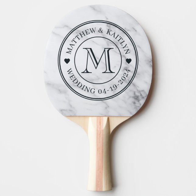 Modern Clean White Marble Wedding Monogram Heart Ping Pong Paddle (Front)