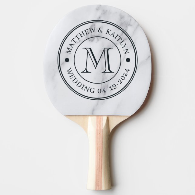 Modern Clean White Marble Wedding Monogram Ping Pong Paddle (Front)