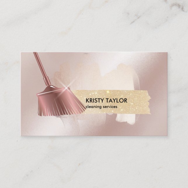 modern cleaning broom logo rose gold business card (Front)