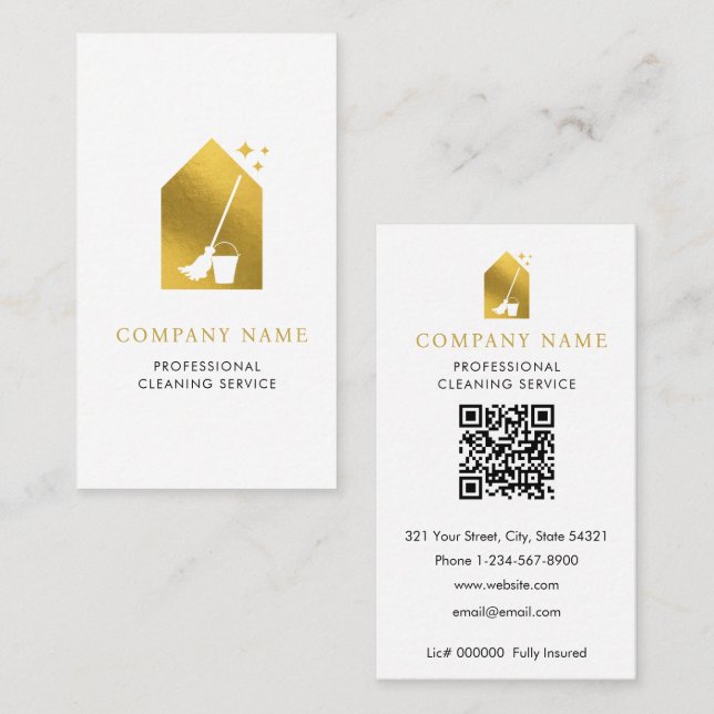 Modern Cleaning Cleaner Service Logo Gold QR Code Business Card (Front/Back)