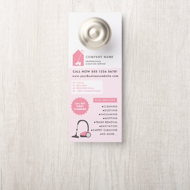 Modern Cleaning Cleaner Service Logo Pink QR Code Door Hanger (On Knob)
