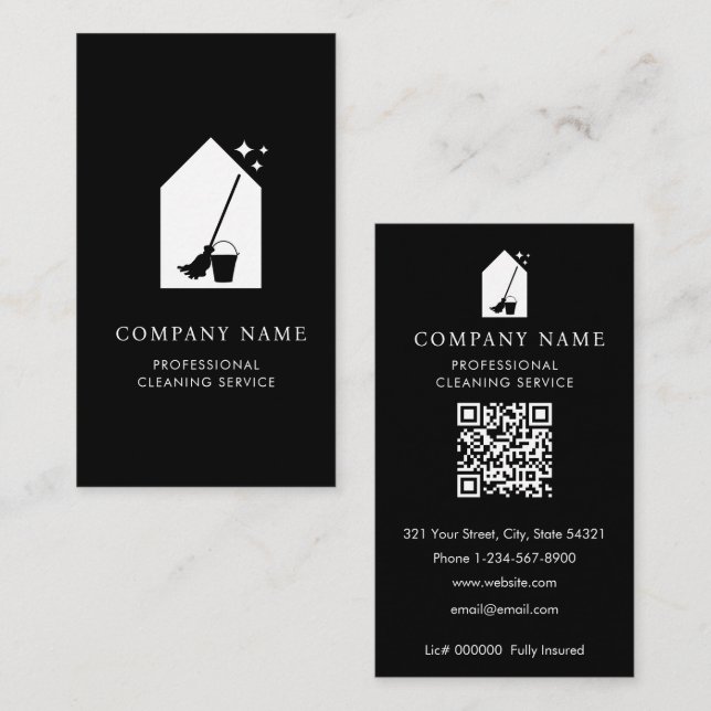 Modern Cleaning Cleaner Service Logo White QR Code Business Card (Front/Back)