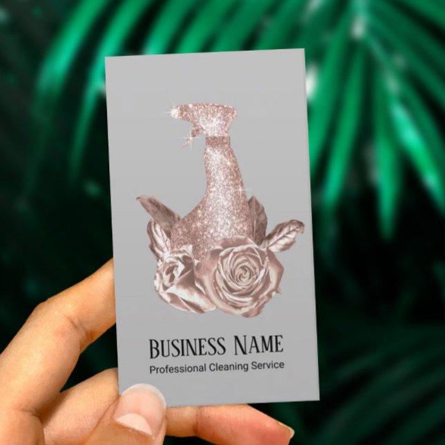 Modern Cleaning Rose Gold Spray Cleaner & Flowers Business Card (Creator Uploaded)